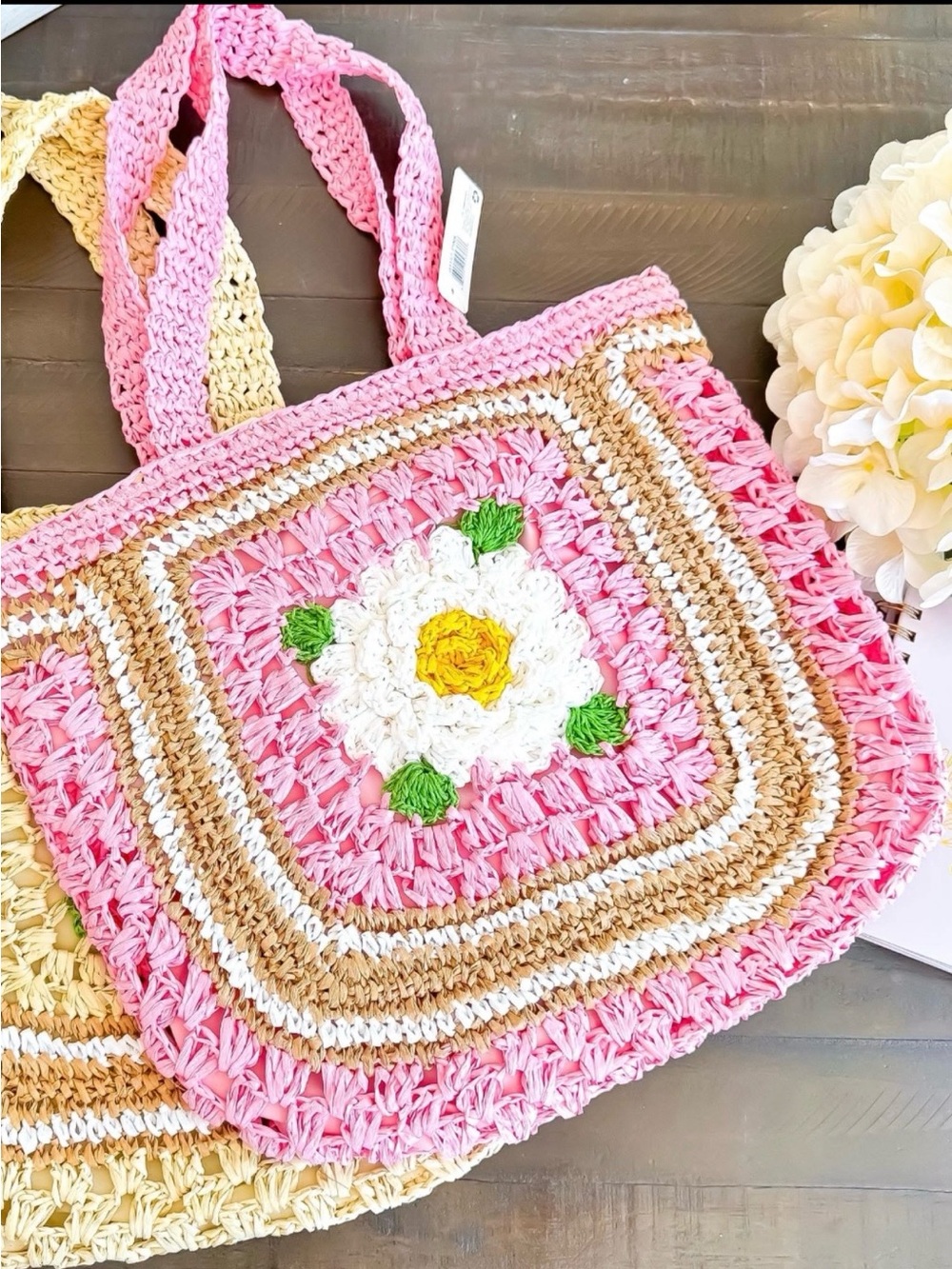 Pink Crochet Daisy Tote Bag NWT